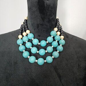 Vintage AVON NRT 3 Strand Retro Faux Turquoise & Pearl Black Bead Necklace